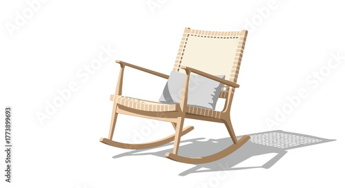 A digitally rendered image showcases a modern wooden rocking chair with a woven backrest and a small pillow, casting a shadow on a clean white background, ideal for product presentations.