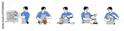 Barista making coffee doodle set. Coffeehouse worker is preparing hot drinks with coffe machine, pour over or turk. Man cooking beverages. Flat isolated hand drawn illustrations on white background