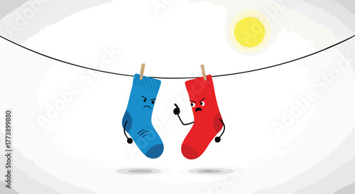 An animated illustration depicts two cartoon socks, one blue and one red, arguing while hanging on a clothesline under a bright yellow sun, representing conflict.