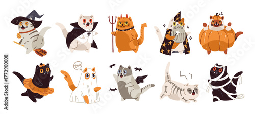 Cute cats in different Halloween costumes set. Funny kitten dressed in witch, vampire, devil and ghost for Helloween masquerade. Animals at carnival. Flat isolated vector illustrations on white