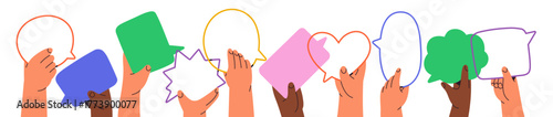 Human hands with colourful speech bubbles. People hold frames of chat, text with different shapes to talk. Communication and conversation concept. Flat isolated vector illustration on white background