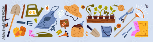Set of gardening items. Hand tools for working on farm, landscaping and cultivation. Shovel, rake, hoe, pruning shears, watering can and hose to care about plants. Flat isolated vector illustrations