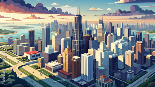 Very beautiful aerial view over Chicago, Illinois, USA, on a cloudy day, showing the city’s skyline, tall skyscrapers, Lake Michigan, and urban grid streets under soft diffused light.