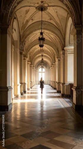 Wallpaper Mural Woman walking through long, arched hallway with repeating pillars and decorative ceiling with hanging ornate lamps in antique architecture Torontodigital.ca