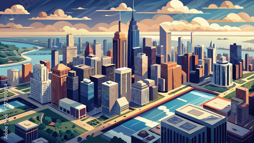 Very beautiful aerial view over Chicago, Illinois, USA, on a cloudy day, showing the city’s skyline, tall skyscrapers, Lake Michigan, and urban grid streets under soft diffused light.