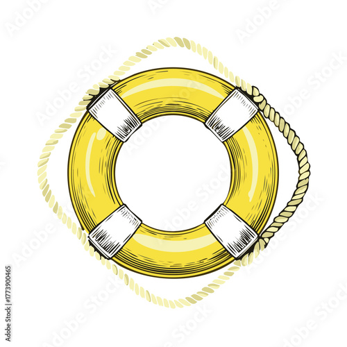 Vintage Style Yellow Lifesaver Ring With Rope Illustration