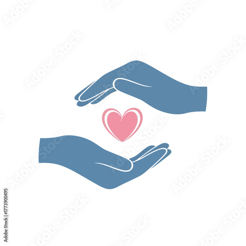Two hands cupping a pink heart, symbolizing care, protection, and love, on a white background.