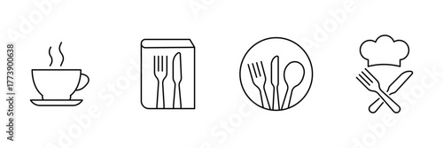 Hot tea cup, cookbook menu, cutlery circle plate, chef hat fork knife icon set, restaurant vector illustration, minimal food beverage culinary.