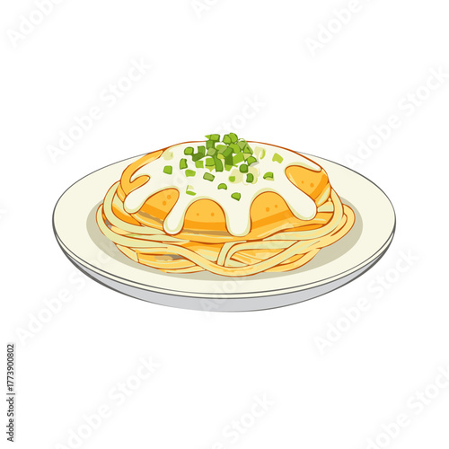 Delicious illustration of a savory omelet topped with creamy sauce and green onions served over spaghetti