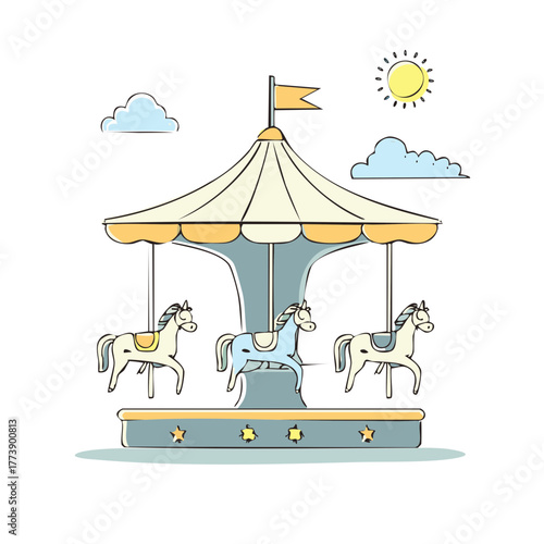 Cute hand drawn carousel with horses under a sunny sky vector illustration