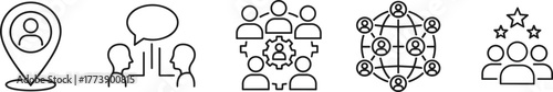 5 communication icons, black line style, teamwork, global networking, geolocation, conversation, recognition, vector illustration, editable stroke, professional concept