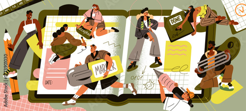 Team is planning work concept. Employees take notes, write tasks, goals, aims in a notebook together. Tiny people make schedules. Time management and teamwork organization. Flat vector illustration