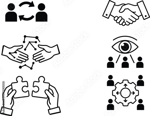 6 collaboration icons, black and white line style, teamwork symbols, handshake, puzzle pieces, shared vision, vector illustration, editable stroke, professional concept