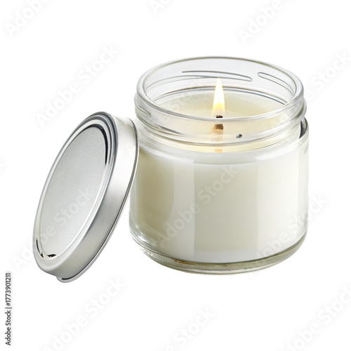 Lit candle in a glass jar with open lid, creating a warm, inviting atmosphere for relaxation and home fragrance
