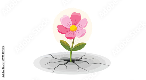 A vibrant pink flower blossoms from a cracked surface, symbolizing growth, resilience, and hope against a clean white backdrop, illustrating strength and new beginnings.