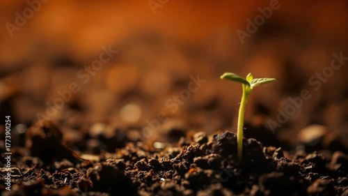 Young green sprout growing in rich brown soil with blurred background