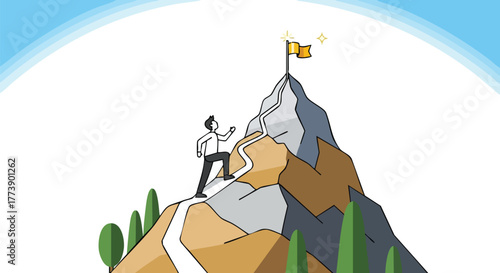 An illustration depicts a determined businessman climbing a mountain towards a golden flag, symbolizing achievement, ambition, and the pursuit of goals in a challenging environment.