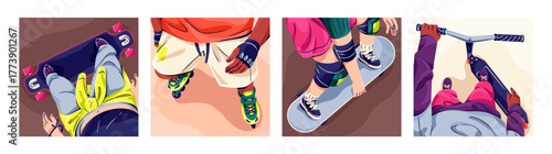 Skaters are riding top view set. People are rollerblading, skate rollers, skateboard and kick scooter from above. Men and women have fun with rollerskate, board outdoors. Flat vector illustrations