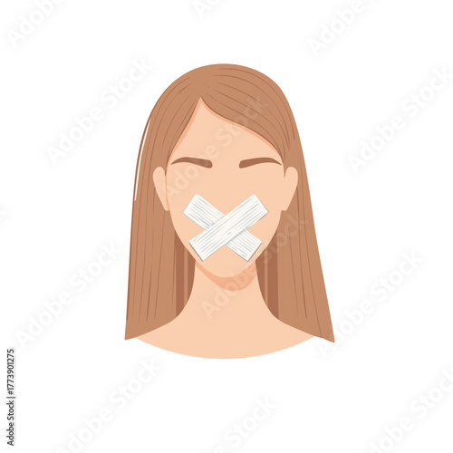 Woman with tape over her mouth, silent protest, censorship concept illustration
