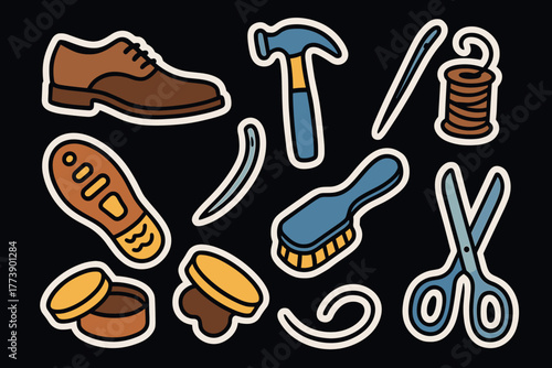 Shoe repair tools sticker set featuring scissors hammer brush and more on black background