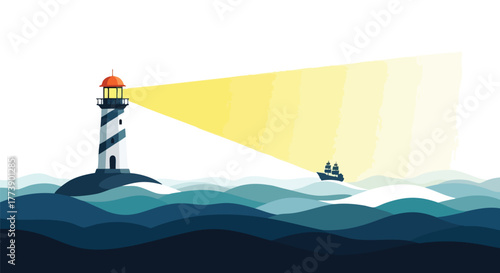 An illustrated lighthouse stands tall on a rocky island, its beam of light shining across the ocean towards a small boat, guiding it safely through the waves.