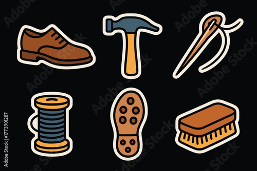 Shoe repair icons hammer, needle, sole, shoe, thread, brush on black background