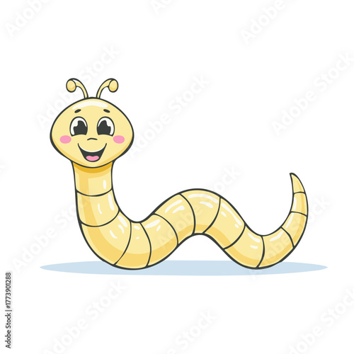 Cheerful yellow cartoon worm with a friendly face and happy antennae illustration
