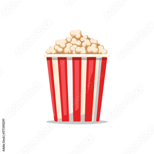 Striped bucket filled with fluffy popcorn, isolated on white background
