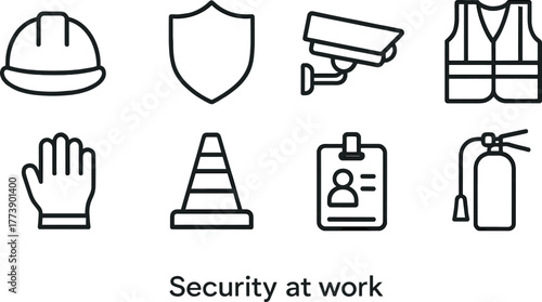 Workplace safety icons set featuring construction and security elements