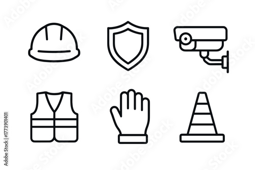 Set of linear safety and security icons for construction and surveillance