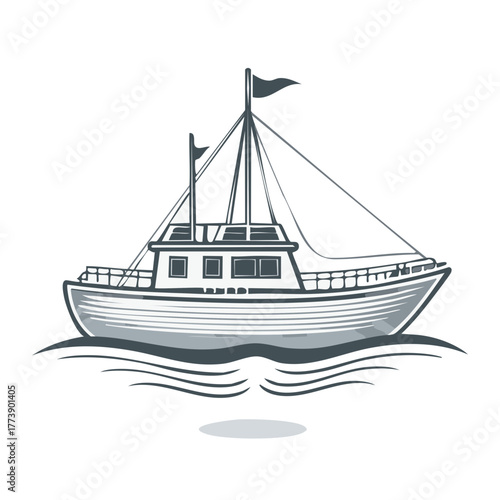 Monochrome fishing trawler boat icon sailing on ocean waves, vintage vector illustration