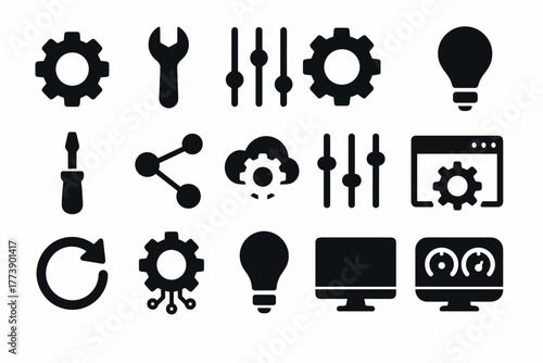 Black silhouette icons for settings and technology gears, tools, bulbs, and monitors
