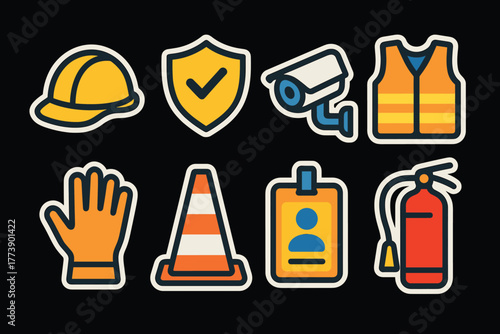 Safety equipment icons featuring hard hat, shield, camera, vest, and more in a bold sticker style
