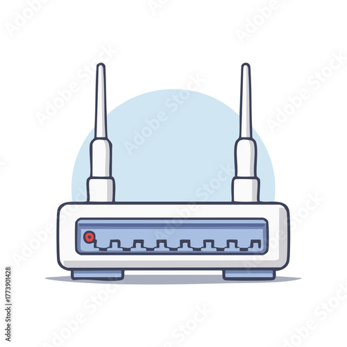 White wireless router with two antennas and indicator lights for internet connectivity illustration