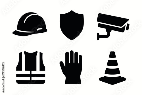 Silhouette icons of construction safety gear and equipment
