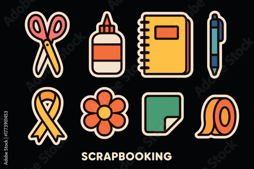 Colorful scrapbooking tools on black background with bold stickers