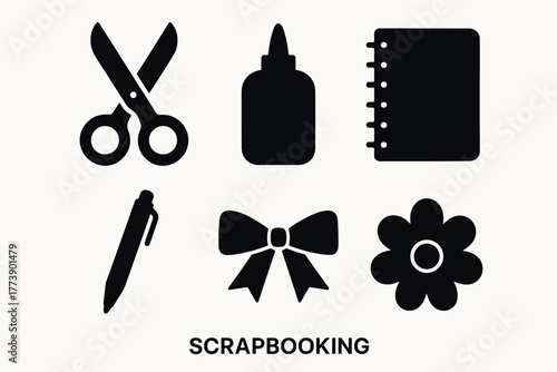 Creative scrapbooking tools collection with scissors, glue, and notebook icons