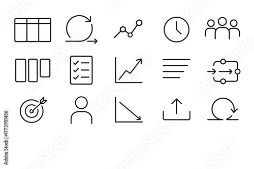 Minimalist linear icons for project management and data analysis concepts