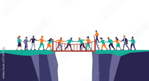 A diverse group of people, connected and working together, cross a bridge over a chasm, symbolizing teamwork, collaboration, and overcoming challenges in a business or social setting.