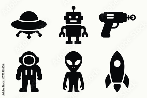 Retro scifi icons ufo, robot, ray gun, astronaut, alien, rocket silhouettes