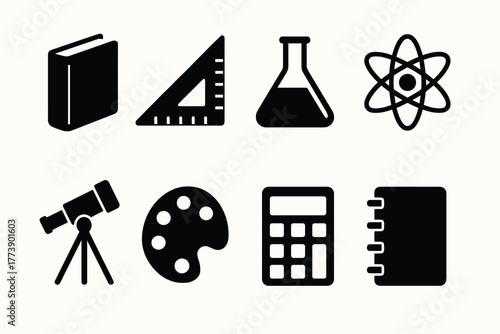 Educational icons set science, art, and mathematics in minimalist silhouette design