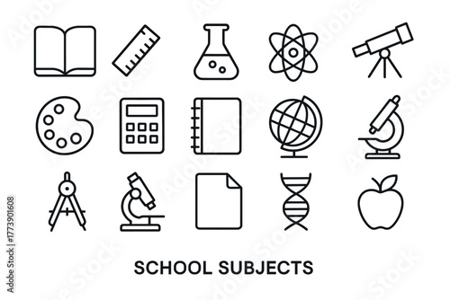 Linear icon set of educational subjects science, math, art, and more