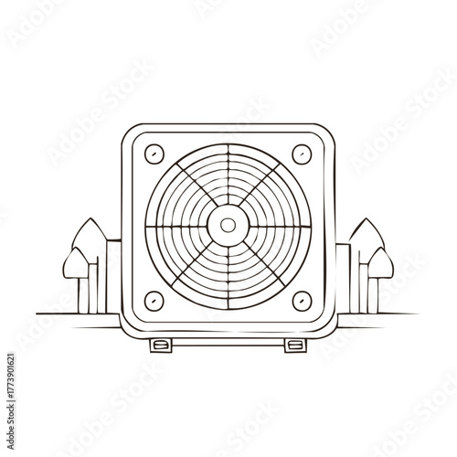 Line art illustration of an outdoor air conditioning unit with a fan and protective grille