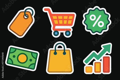 Shopping and retail icons with flat colorful stickers for ecommerce and sales