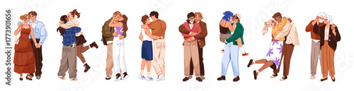 Set of diverse hugging couples. Homosexual and heterosexual lovers cuddle, kiss. Happy young and elderly people embrace, love in romantic relationships. Flat isolated vector illustrations on white