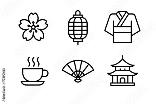 Minimalist japanese icons sakura, lantern, kimono, tea, fan, temple