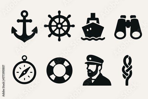 Nautical icon set featuring anchor, ship, captain, and sailor elements