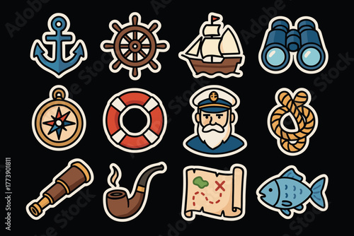 Nautical icons set featuring anchors, compass, and sailing elements in bold cartoon style