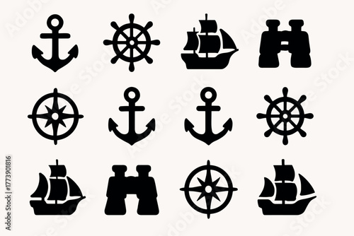 Nautical icons set anchor, ship, wheel, and compass silhouettes for marine themes