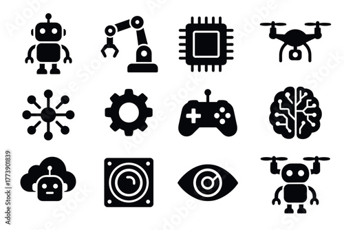 Silhouette icons of technology robotics, ai, and gadgets for modern design